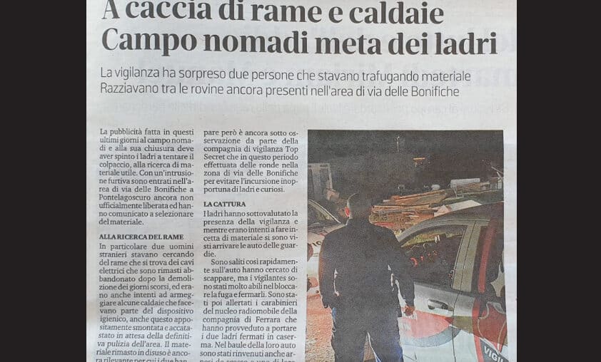 Sventato un tentativo di furto di rame e caldaie in un campo nomadi a Pontelagoscuro (Ferrara)